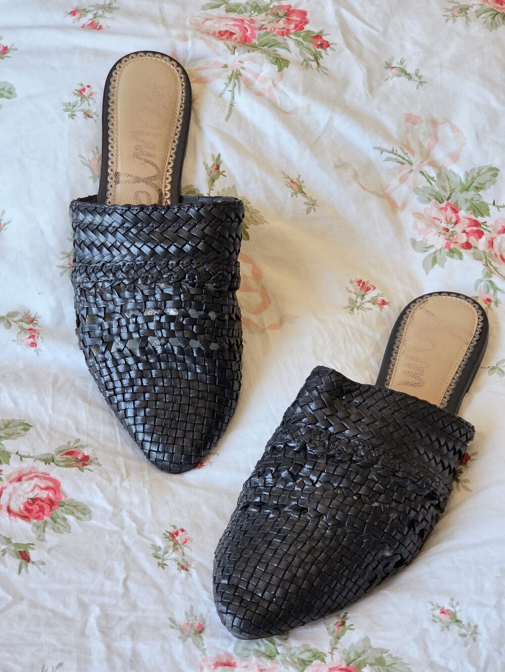 ​Sam Edelman Natalya Black Woven Leather Pointed Flat Mules Sz 8.5 Old Money 🖤
